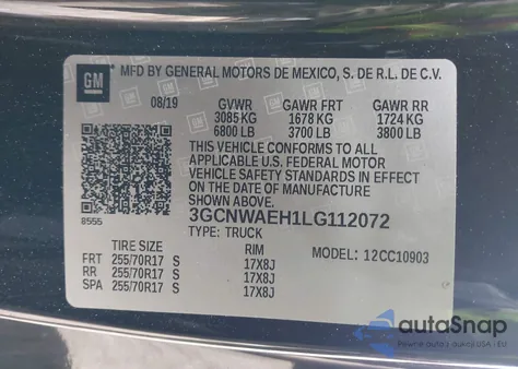 2020 Chevrolet Silverado 1500 2Wd Long Bed Wt from USA, damaged, VIN 3GCNWAEH1LG112072